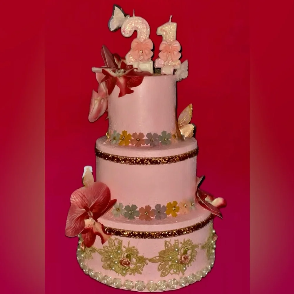 3-tier Pink Floral Glam Birthday Display Cake!